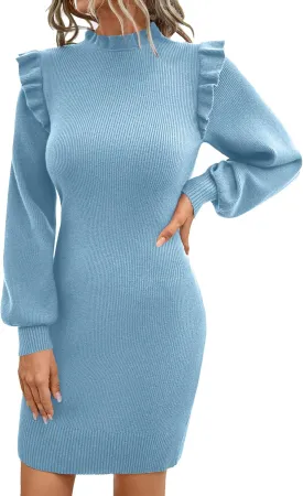 Blooming Jelly Womens Mini Sweater Dress Mock Neck Ruffle Long Puff Sleeve Ribbed Casual Bodycon Fall Dresses Winter Clothes