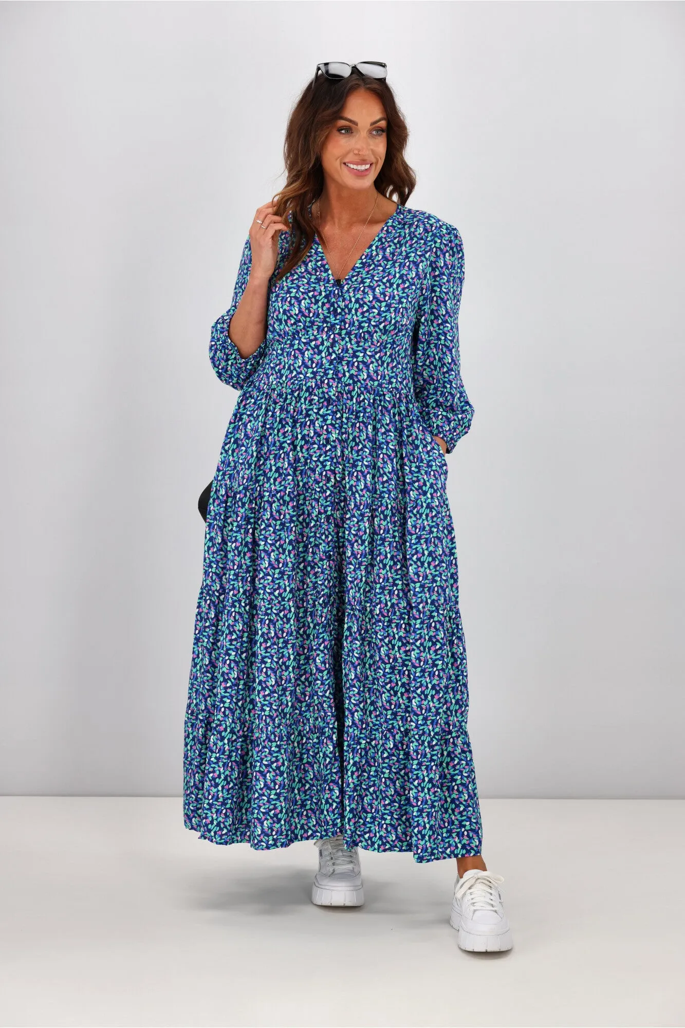 Boho Australia Kurt Midi Dress Blue Multi Print