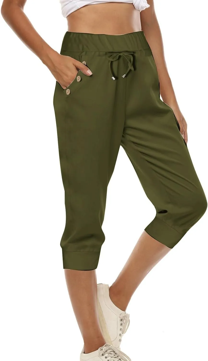 Capri Pants for Women Stretch High Waisted Joggers Lightweight Summer Casual Drawstring Hiking Pant Capri with Pocket