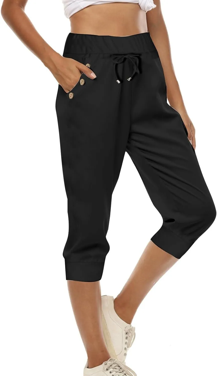 Capri Pants for Women Stretch High Waisted Joggers Lightweight Summer Casual Drawstring Hiking Pant Capri with Pocket