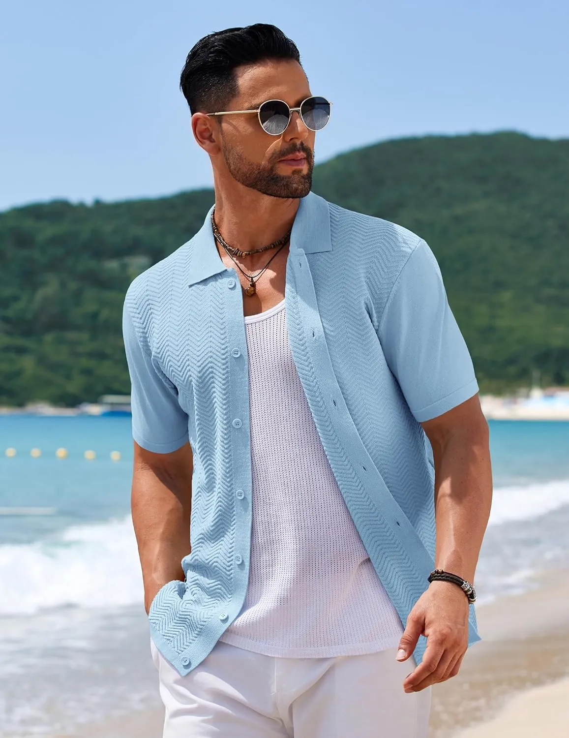 COOFANDY Mens Knit Short Sleeve Shirt Casual Button Down Shirt Vintage Fashion Polo Shirts Crochet Summer Beach Shirts
