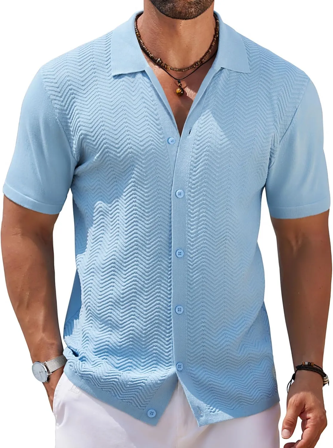 COOFANDY Mens Knit Short Sleeve Shirt Casual Button Down Shirt Vintage Fashion Polo Shirts Crochet Summer Beach Shirts