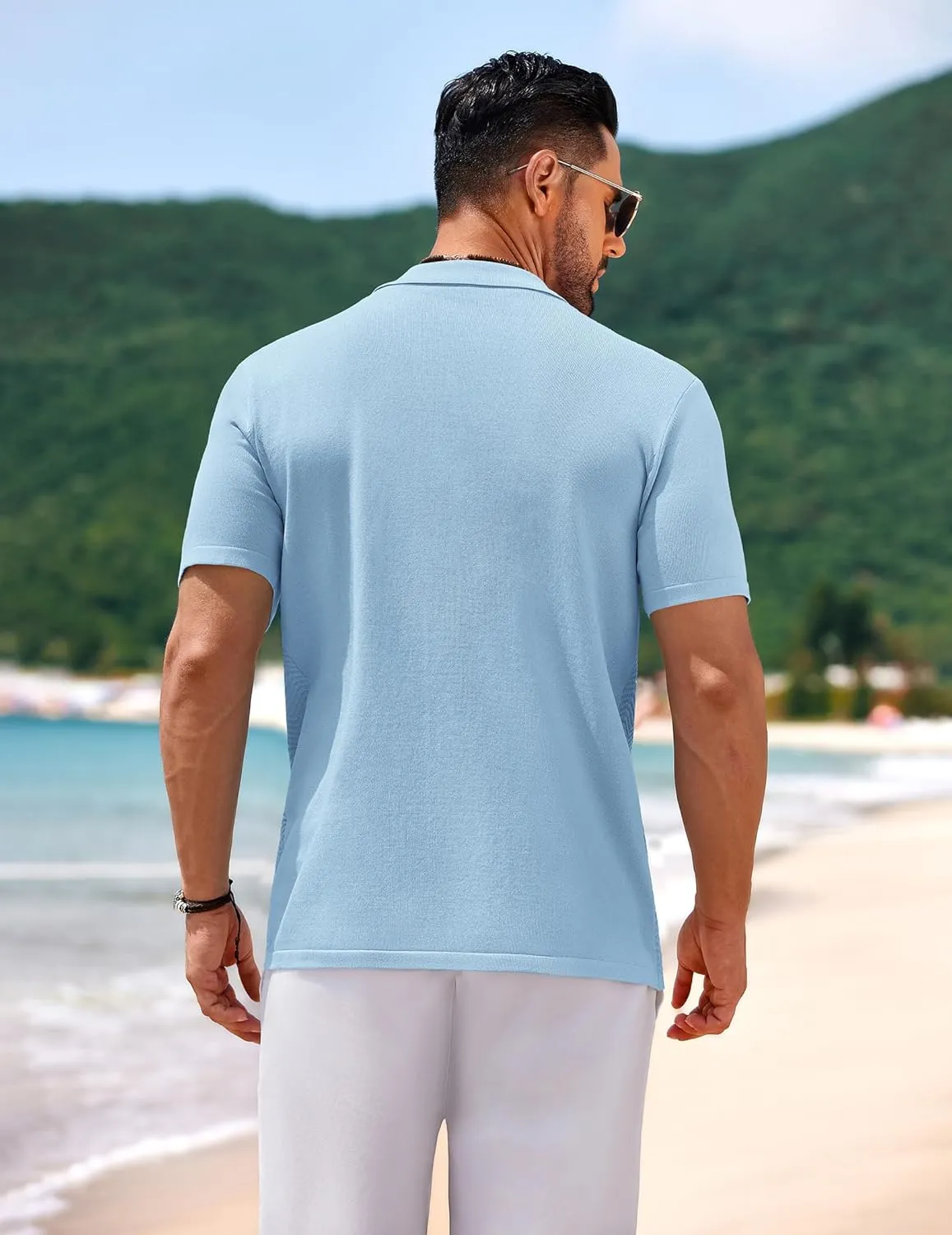 COOFANDY Mens Knit Short Sleeve Shirt Casual Button Down Shirt Vintage Fashion Polo Shirts Crochet Summer Beach Shirts