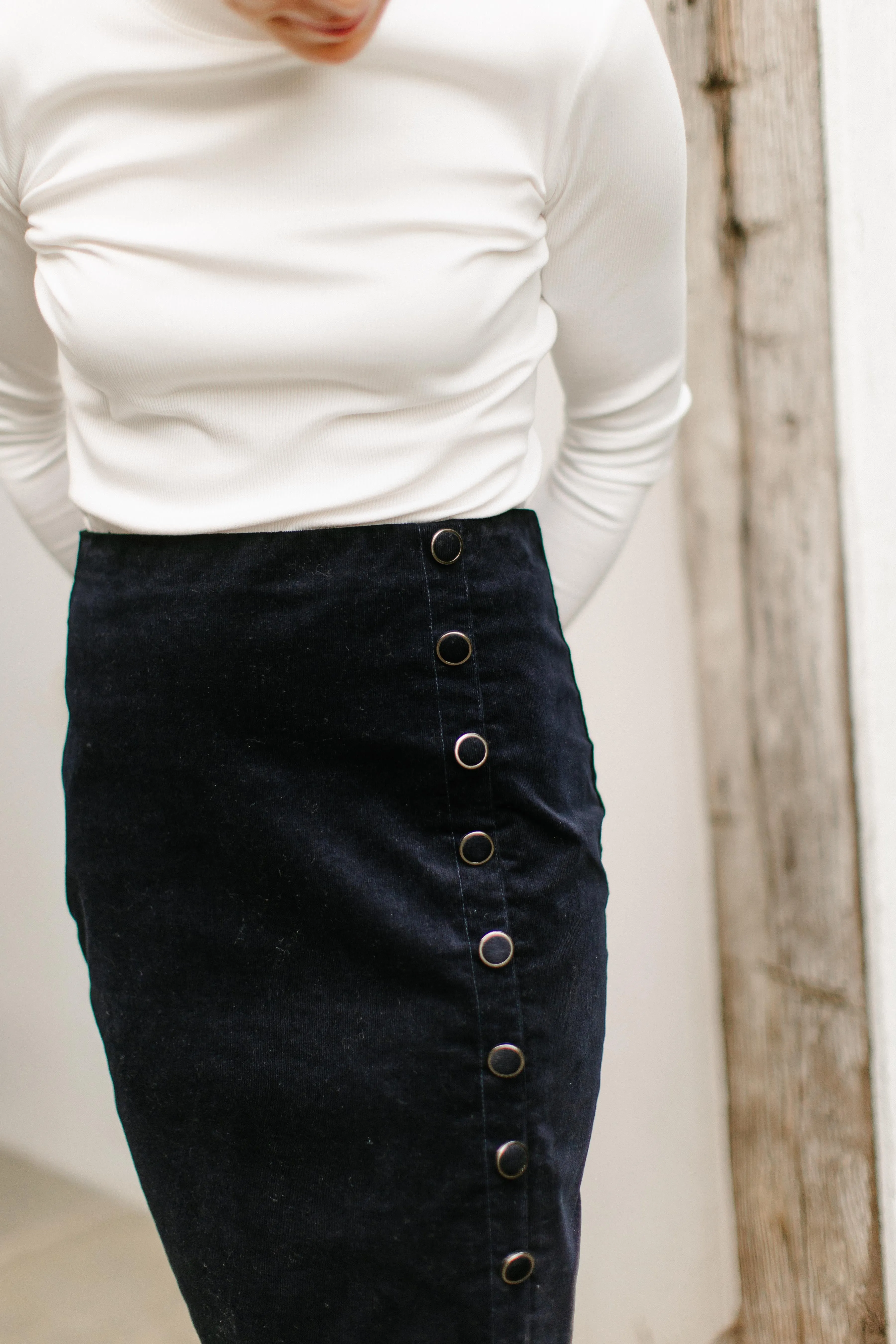 'Diana' Side Button Corduroy Skirt in Navy