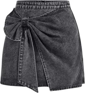 Floerns Women's High Waisted Big Bow Wrap Front Mini Bodycon Denim Skirts