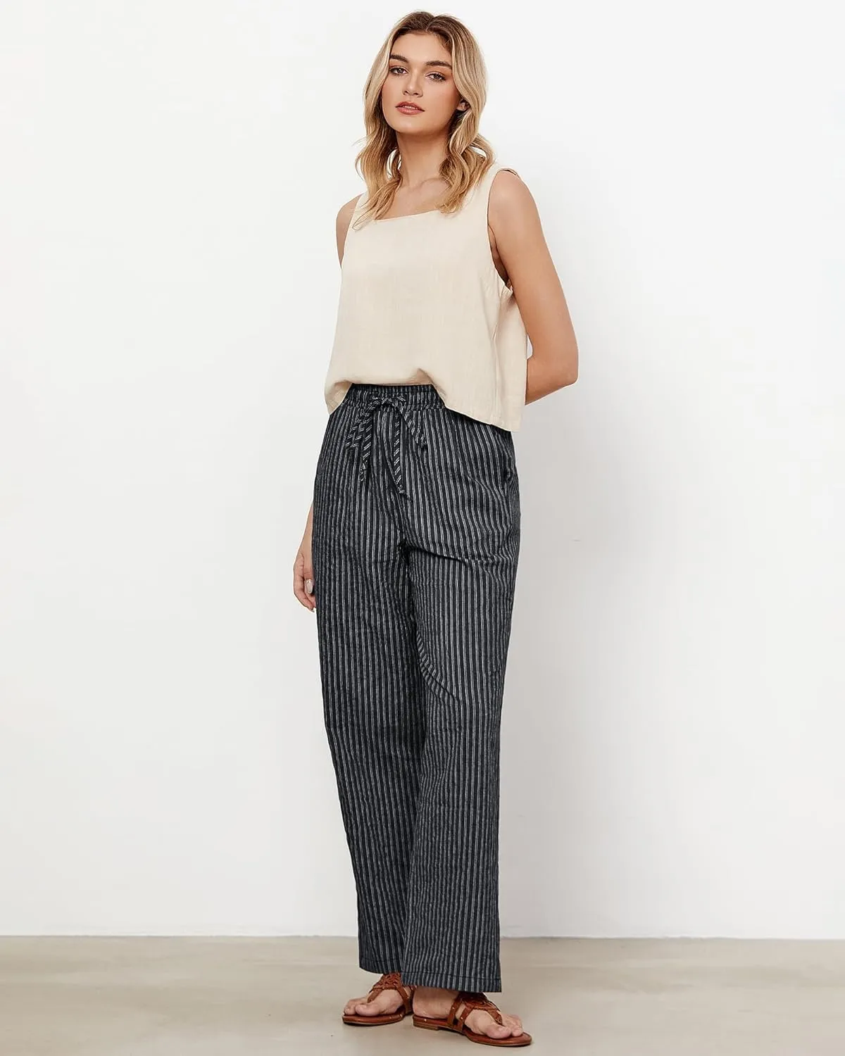 GRAPENT Striped Pants for Women High Waisted Wide Leg Cotton Linen Trendy Beach Pull On Elastic Waist Casual Flowy Pants