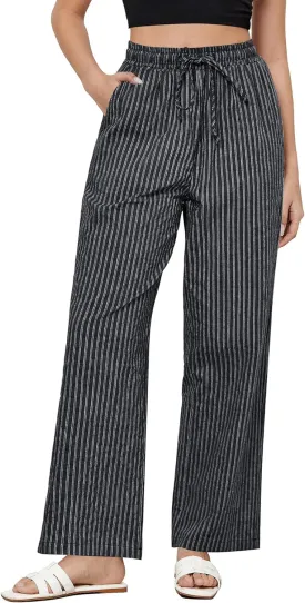 GRAPENT Striped Pants for Women High Waisted Wide Leg Cotton Linen Trendy Beach Pull On Elastic Waist Casual Flowy Pants