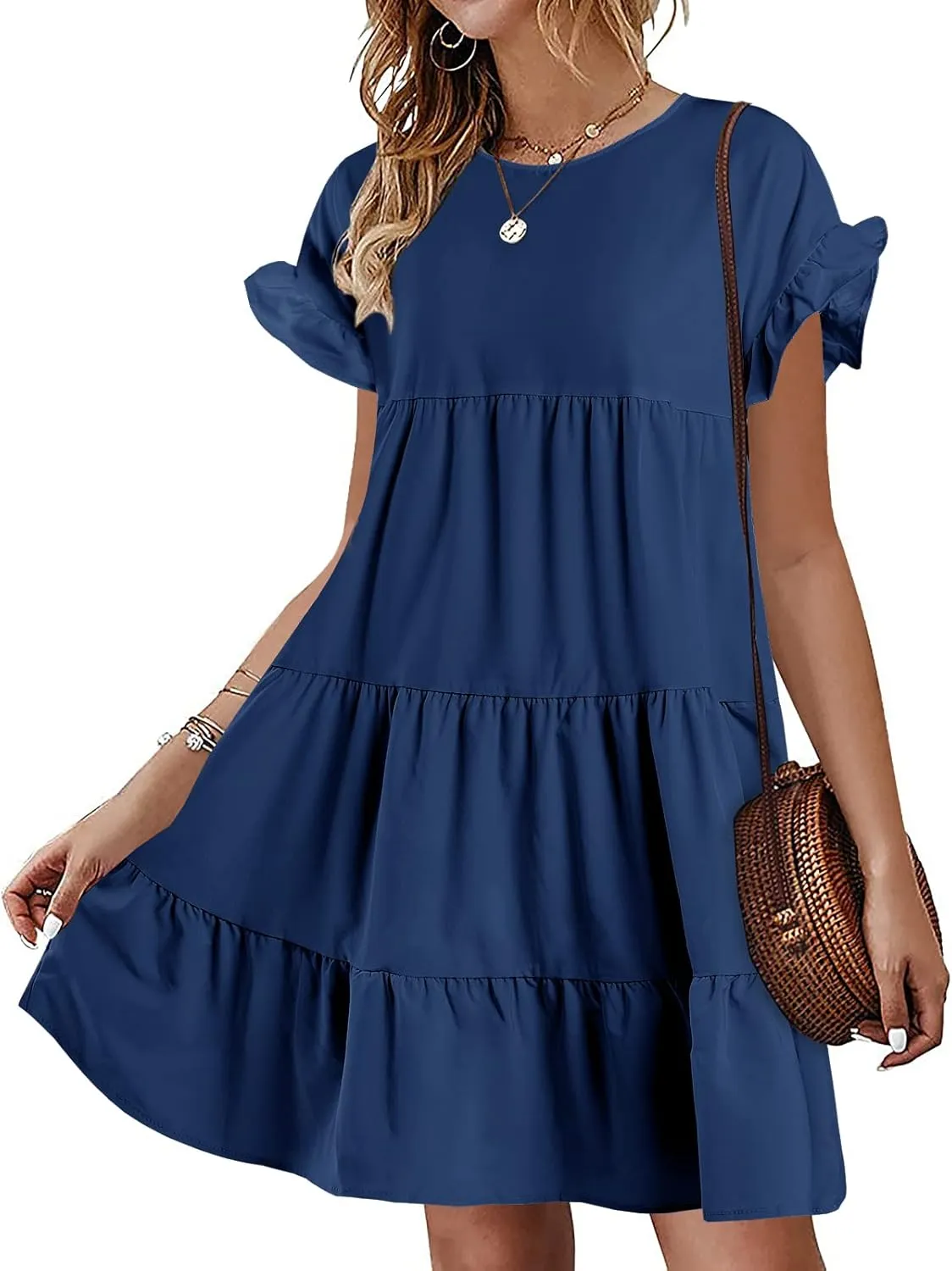 Imysty Womens Boho Floral Ruffle Sleeve Babydoll Loose Flowy Casual Summer Pleated Mini Dress