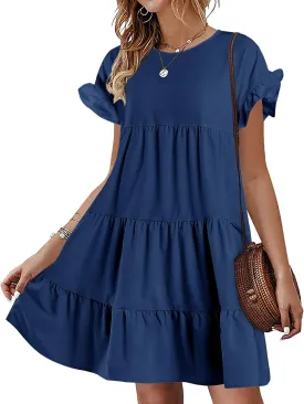 Imysty Womens Boho Floral Ruffle Sleeve Babydoll Loose Flowy Casual Summer Pleated Mini Dress