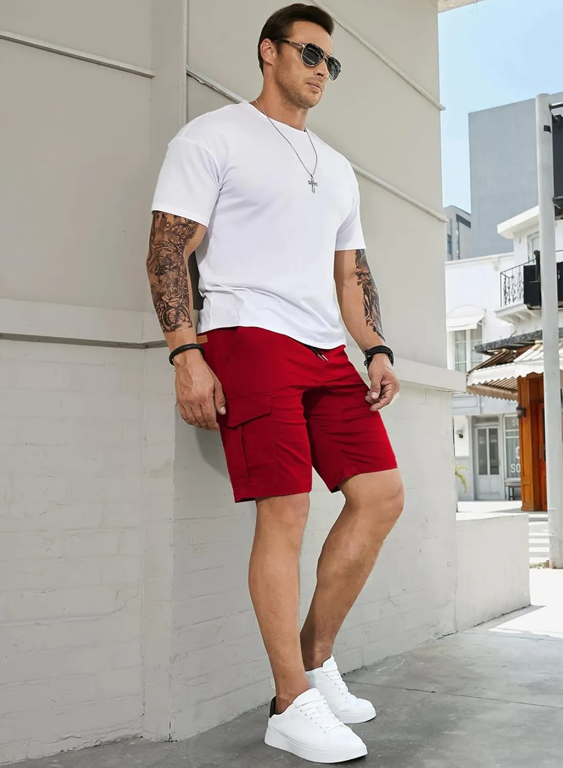 JMIERR Mens Casual Cargo Shorts - Cotton Drawstring Stretch Summer Beach Shorts Twill Chino Short with 6 Pockets