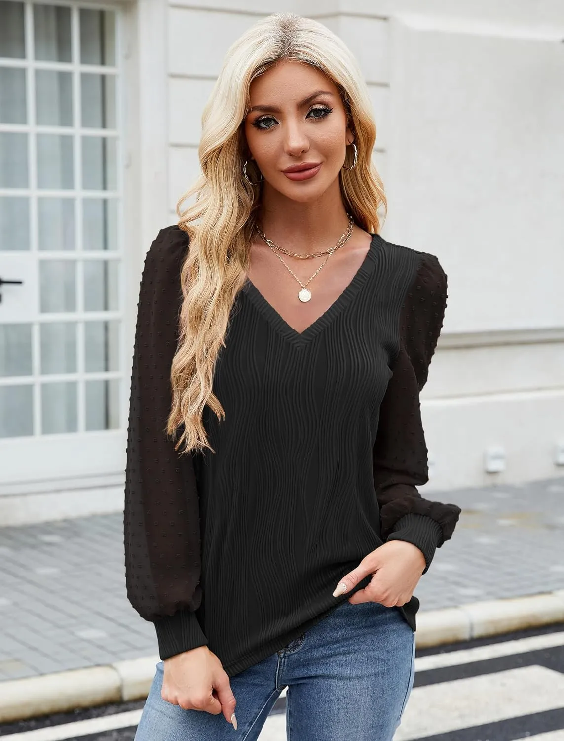 JUSTFASHIONNOW Womens Blouses Dressy Casual Long Sleeve Shirts V Neck Puff Sleeve Business Tops Work Shirts Trendy Holiday