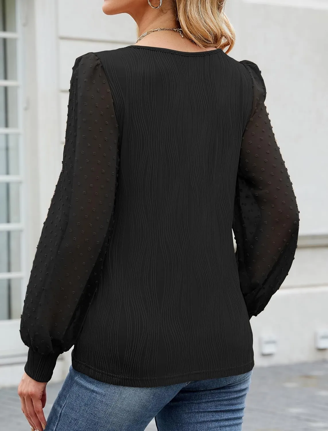 JUSTFASHIONNOW Womens Blouses Dressy Casual Long Sleeve Shirts V Neck Puff Sleeve Business Tops Work Shirts Trendy Holiday
