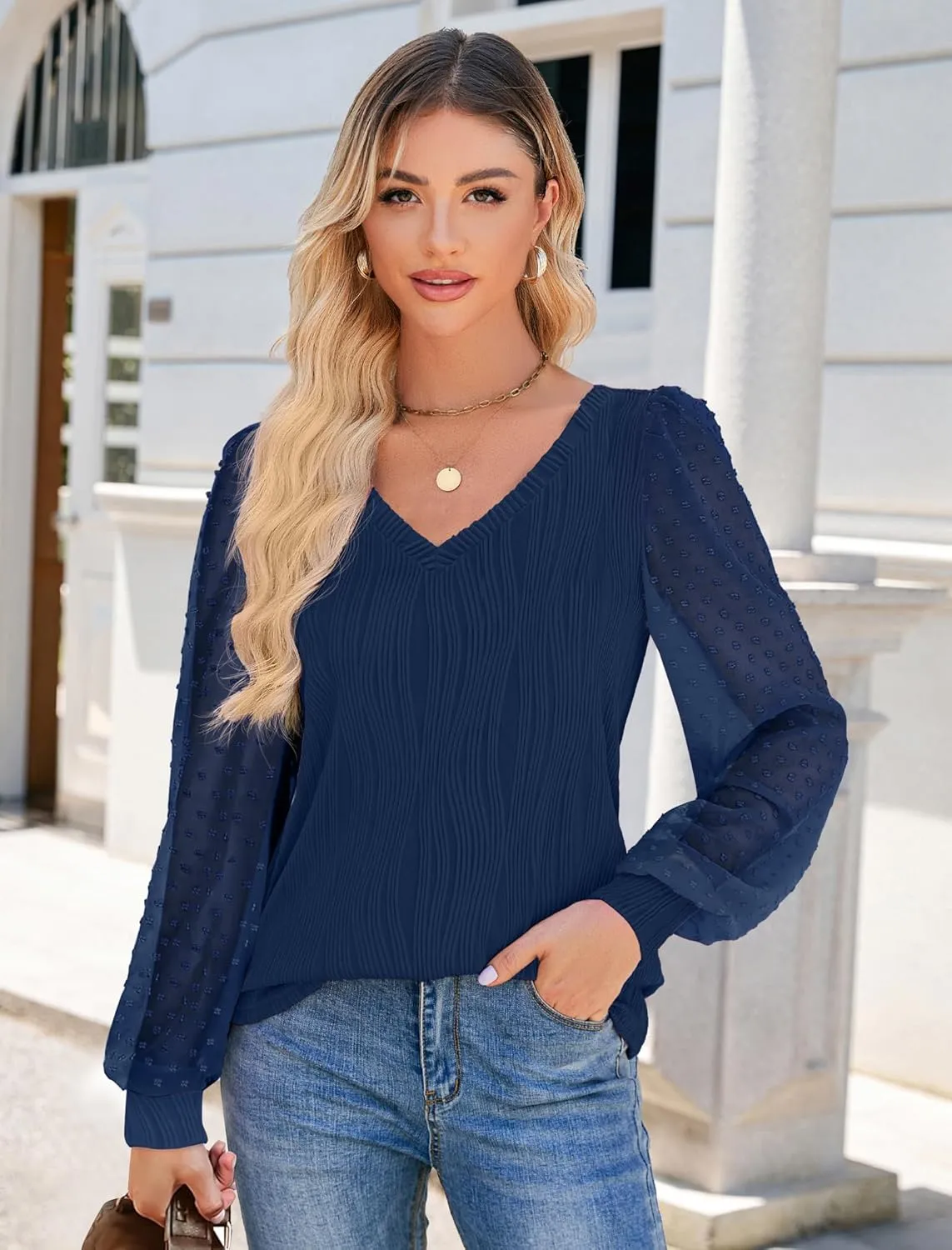JUSTFASHIONNOW Womens Blouses Dressy Casual Long Sleeve Shirts V Neck Puff Sleeve Business Tops Work Shirts Trendy Holiday