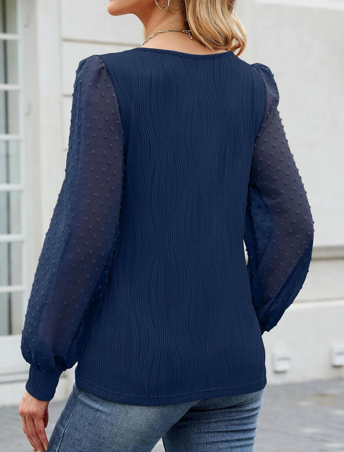 JUSTFASHIONNOW Womens Blouses Dressy Casual Long Sleeve Shirts V Neck Puff Sleeve Business Tops Work Shirts Trendy Holiday
