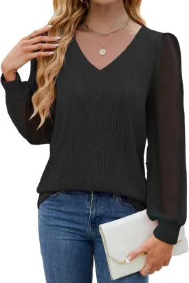 JUSTFASHIONNOW Womens Blouses Dressy Casual Long Sleeve Shirts V Neck Puff Sleeve Business Tops Work Shirts Trendy Holiday