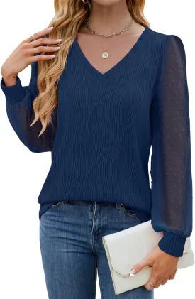 JUSTFASHIONNOW Womens Blouses Dressy Casual Long Sleeve Shirts V Neck Puff Sleeve Business Tops Work Shirts Trendy Holiday