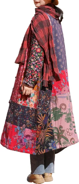LUZU JUNU Women's Trench Coat Floral Print Long Cotton Linen Jacke Cottagecore Clothing Patchwork Outwear Bohemian unique