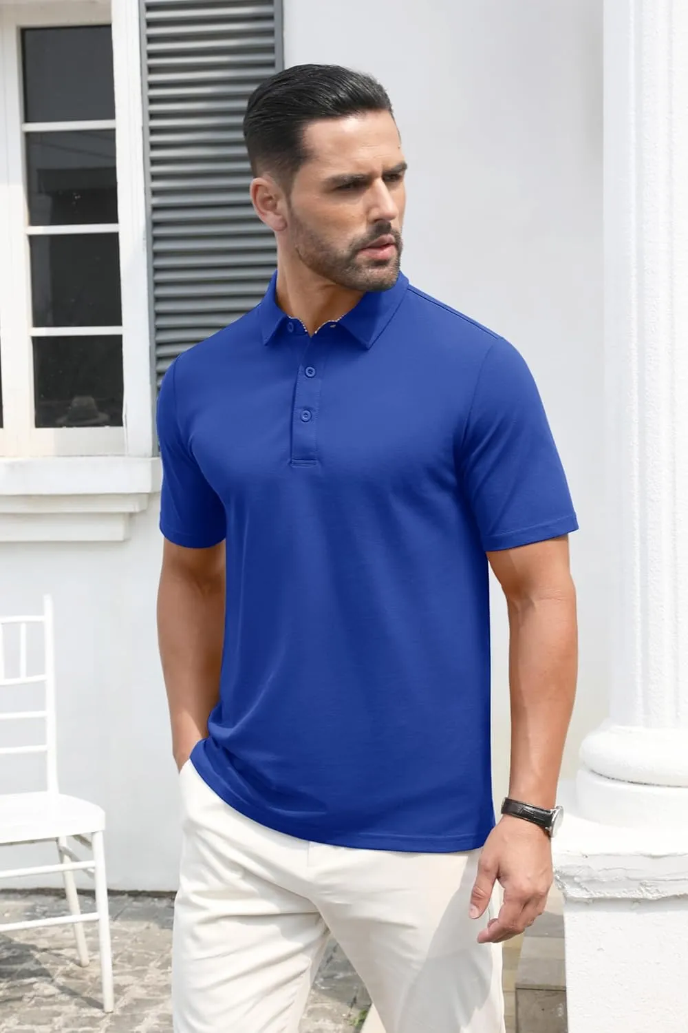 MAGCOMSEN Men's Polo Shirts Short Sleeve Cotton Pique 3 Button Classic Fit Casual T-Shirt Performance Golf Shirts