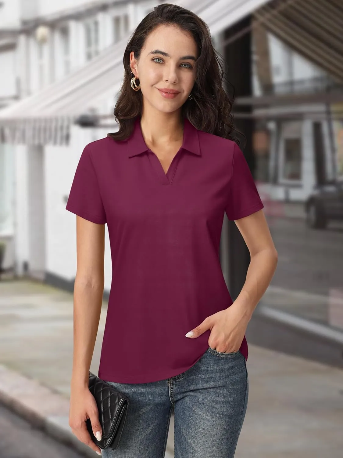 MAGCOMSEN Women's Polo Shirts Cotton Short Sleeve V-Neck Collared Tops Golf Shirt Work Casual Summer Tee