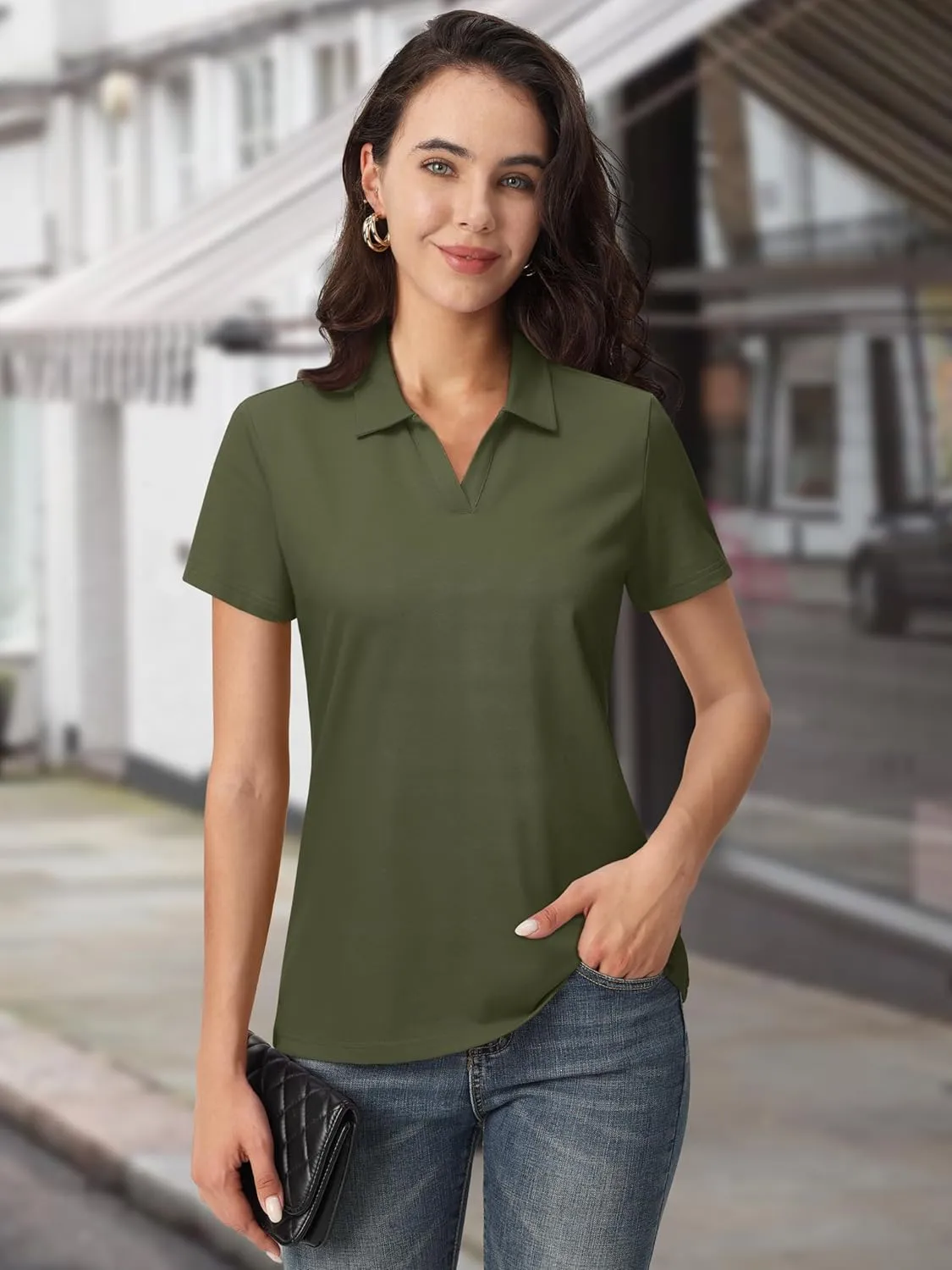 MAGCOMSEN Women's Polo Shirts Cotton Short Sleeve V-Neck Collared Tops Golf Shirt Work Casual Summer Tee