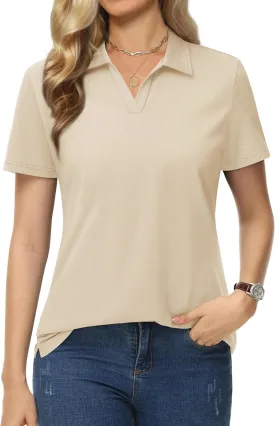 MAGCOMSEN Women's Polo Shirts Cotton Short Sleeve V-Neck Collared Tops Golf Shirt Work Casual Summer Tee