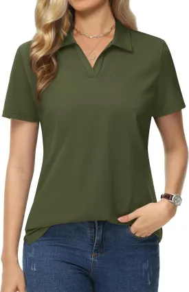 MAGCOMSEN Women's Polo Shirts Cotton Short Sleeve V-Neck Collared Tops Golf Shirt Work Casual Summer Tee