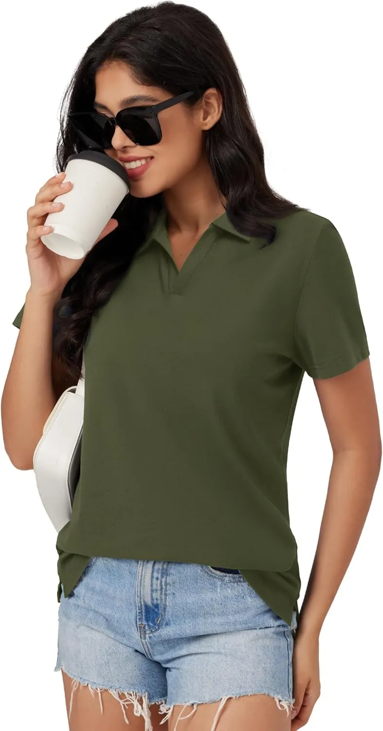 MAGCOMSEN Women's Polo Shirts Cotton Short Sleeve V-Neck Collared Tops Golf Shirt Work Casual Summer Tee