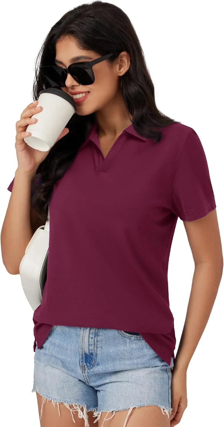 MAGCOMSEN Women's Polo Shirts Cotton Short Sleeve V-Neck Collared Tops Golf Shirt Work Casual Summer Tee