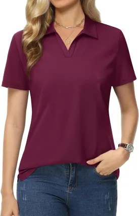 MAGCOMSEN Women's Polo Shirts Cotton Short Sleeve V-Neck Collared Tops Golf Shirt Work Casual Summer Tee