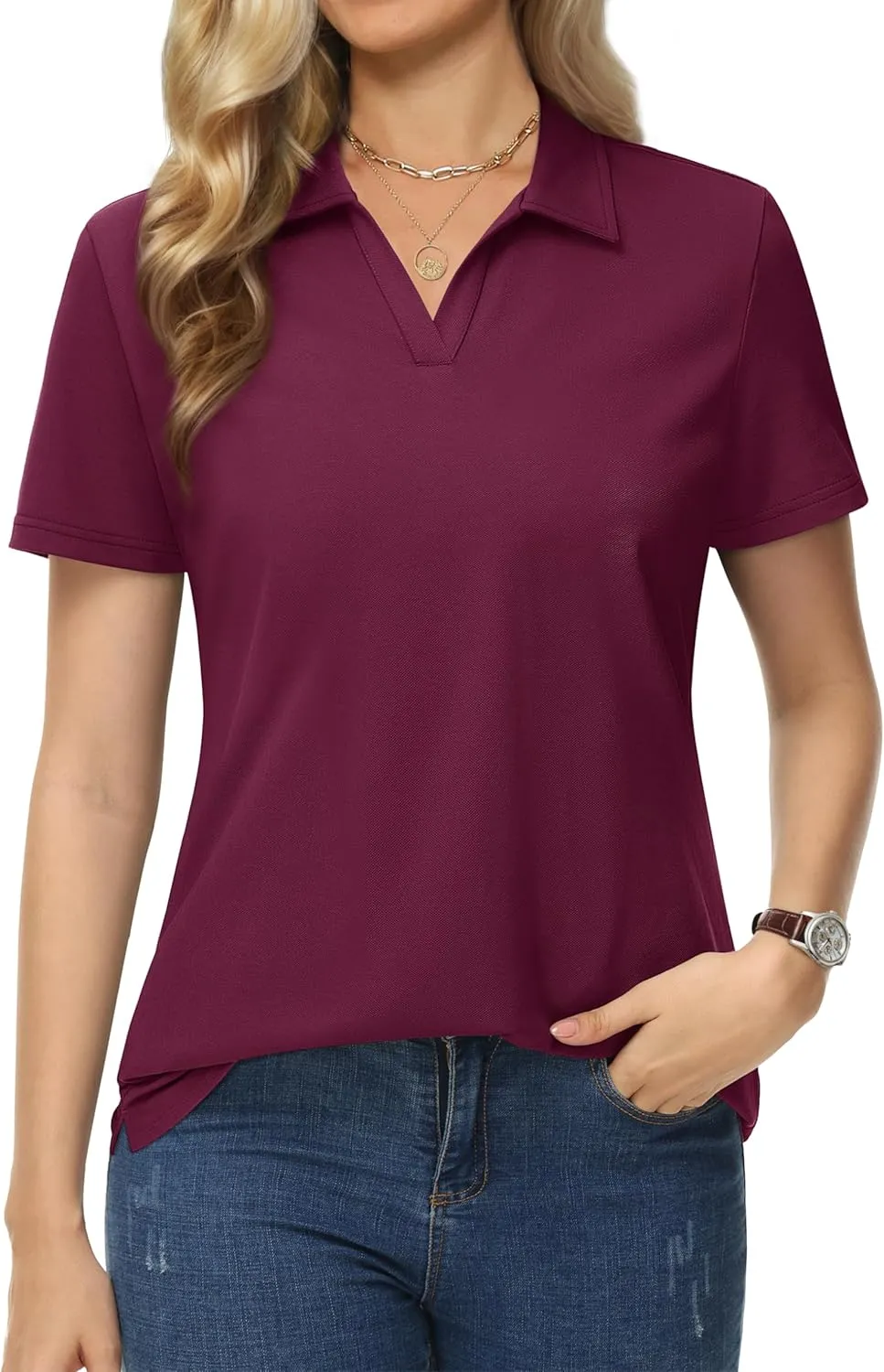 MAGCOMSEN Women's Polo Shirts Cotton Short Sleeve V-Neck Collared Tops Golf Shirt Work Casual Summer Tee