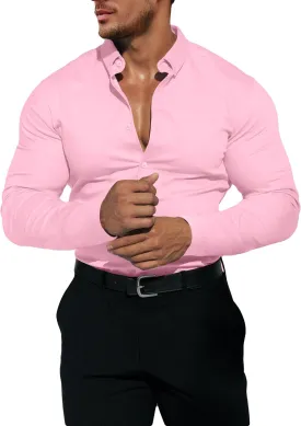 Men's Dress Shirt Slim Fit Button Down Shirt Long Sleeve No Cuff-Links Four Way Stretch Muscle Shirts for Men