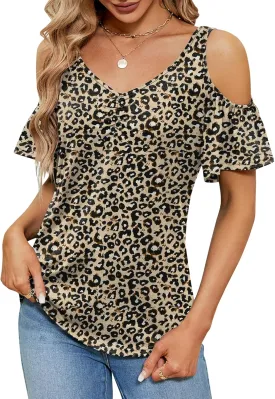 Micoson Cold Shoulder Tops for Women Summer Short Sleeve Shirts Ladies Floral Ruched Blouse Classic Cute V Neck Tunic