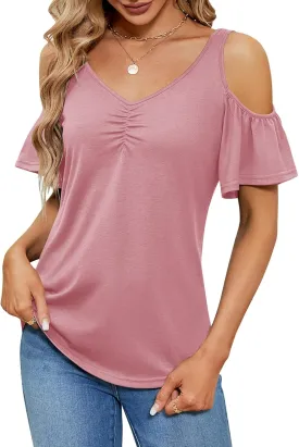 Micoson Cold Shoulder Tops for Women Summer Short Sleeve Shirts Ladies Floral Ruched Blouse Classic Cute V Neck Tunic