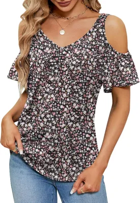 Micoson Cold Shoulder Tops for Women Summer Short Sleeve Shirts Ladies Floral Ruched Blouse Classic Cute V Neck Tunic