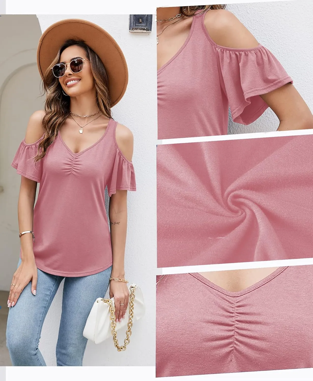 Micoson Cold Shoulder Tops for Women Summer Short Sleeve Shirts Ladies Floral Ruched Blouse Classic Cute V Neck Tunic