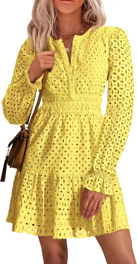 PRETTYGARDEN Women's 2025 Long Sleeve Mini Dress Eyelet V Neck A Line Casual Elegant Holiday Wedding Guest Party Dresses