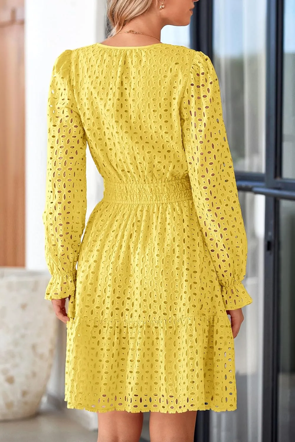 PRETTYGARDEN Women's 2025 Long Sleeve Mini Dress Eyelet V Neck A Line Casual Elegant Holiday Wedding Guest Party Dresses