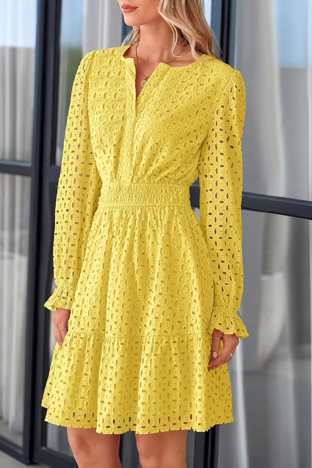 PRETTYGARDEN Women's 2025 Long Sleeve Mini Dress Eyelet V Neck A Line Casual Elegant Holiday Wedding Guest Party Dresses