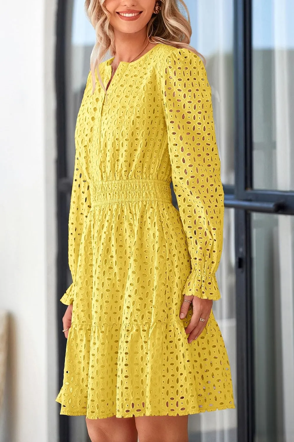 PRETTYGARDEN Women's 2025 Long Sleeve Mini Dress Eyelet V Neck A Line Casual Elegant Holiday Wedding Guest Party Dresses