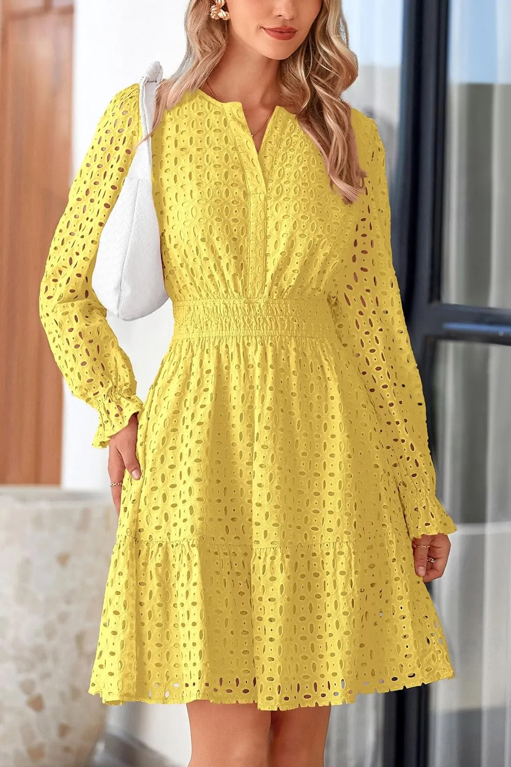 PRETTYGARDEN Women's 2025 Long Sleeve Mini Dress Eyelet V Neck A Line Casual Elegant Holiday Wedding Guest Party Dresses