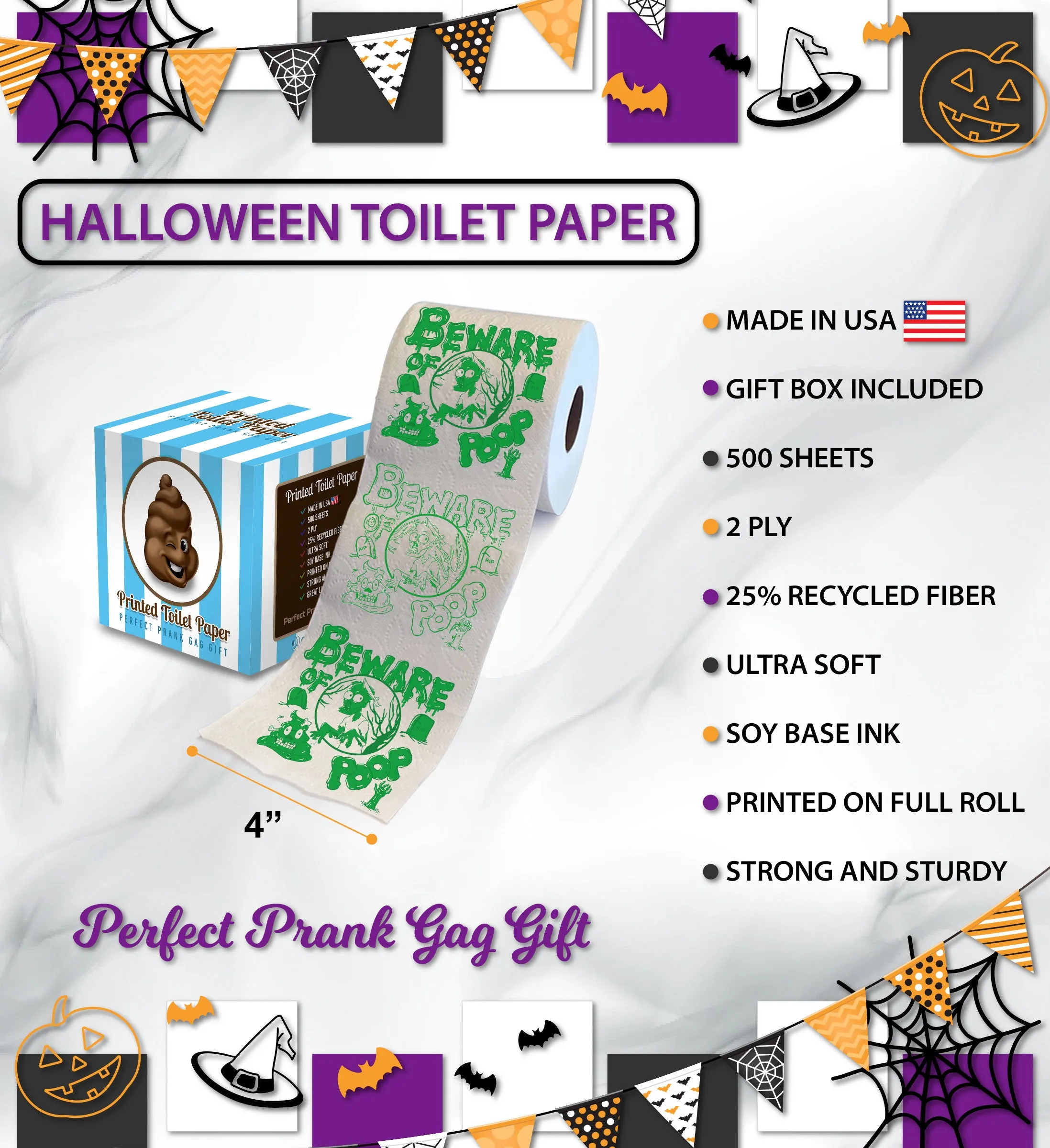 Printed TP Halloween Beware of Zombie Poop Printed Toilet Paper – 500 Sheets