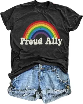 Proud Ally Shirt Women Pride Shirts Rainbow Graphic Tees LGBT Equality Tshirt Casual Holiday Tops