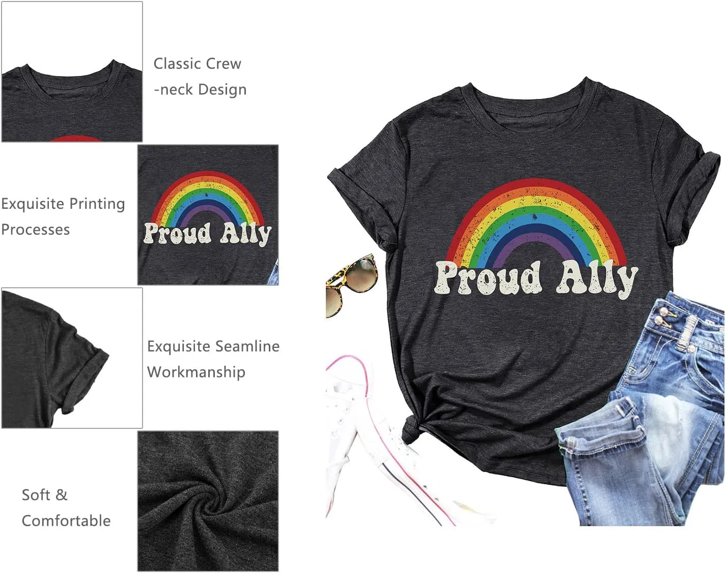 Proud Ally Shirt Women Pride Shirts Rainbow Graphic Tees LGBT Equality Tshirt Casual Holiday Tops
