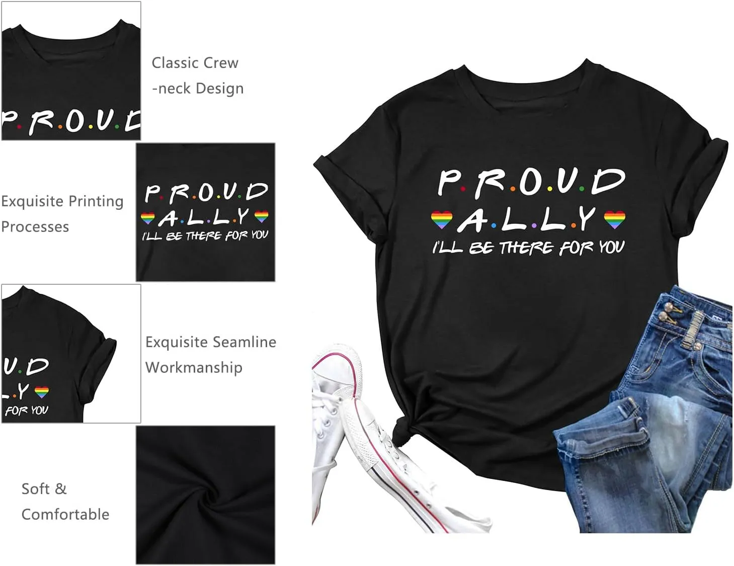 Proud Ally Shirt Women Pride Shirts Rainbow Graphic Tees LGBT Equality Tshirt Casual Holiday Tops