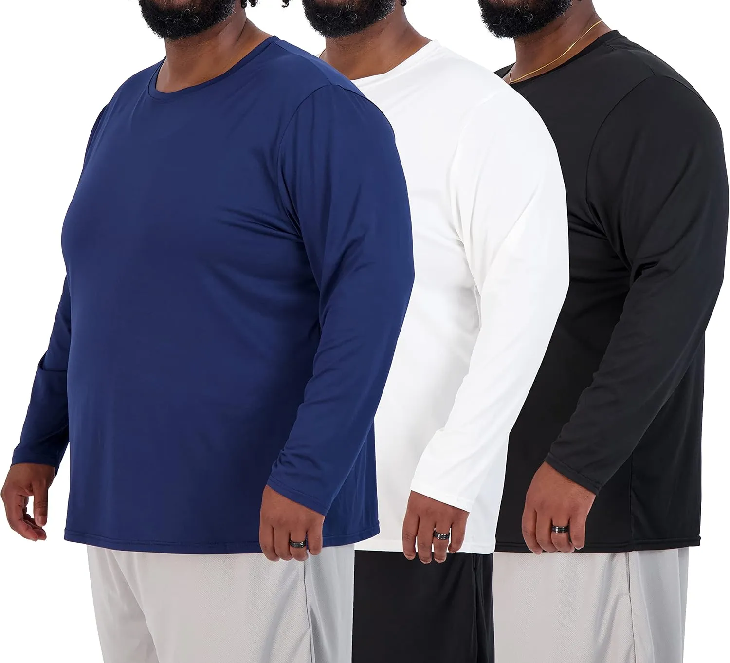 Real Essentials 3 Pack: Mens Big & Tall Tech Stretch Long-Sleeve & Short-Sleeve Dry-Fit T-Shirt (3XT-5XT)