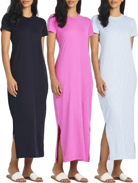 Real Essentials 3 Pack Women’s Casual Short Sleeve Maxi T-Shirt Summer Dress with Slit & Pockets (Available in Plus Size)
