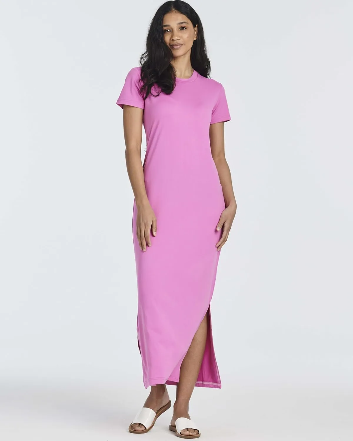 Real Essentials 3 Pack Women’s Casual Short Sleeve Maxi T-Shirt Summer Dress with Slit & Pockets (Available in Plus Size)