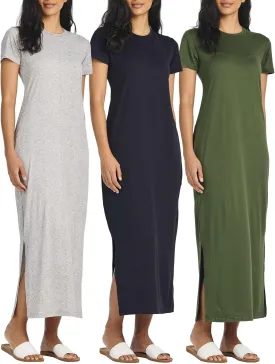 Real Essentials 3 Pack Women’s Casual Short Sleeve Maxi T-Shirt Summer Dress with Slit & Pockets (Available in Plus Size)