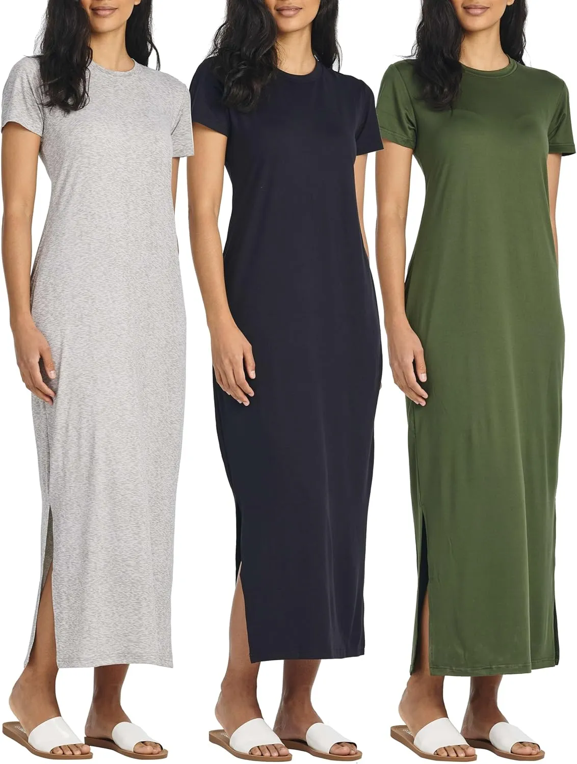 Real Essentials 3 Pack Women’s Casual Short Sleeve Maxi T-Shirt Summer Dress with Slit & Pockets (Available in Plus Size)