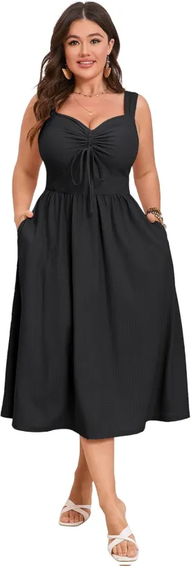 ShopWonder Plus Size Summer Dress for Women Sleeveless Spaghetti Strap V Neck Tie Front A Line Casual Beach Midi Dress